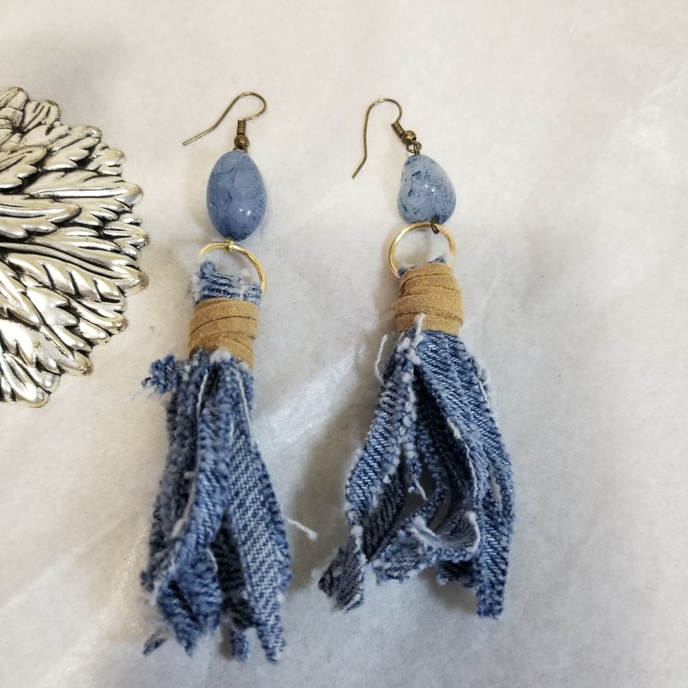 Blue Dyed Quartz Crystal, Denim and Leather Drop Earrings 4"